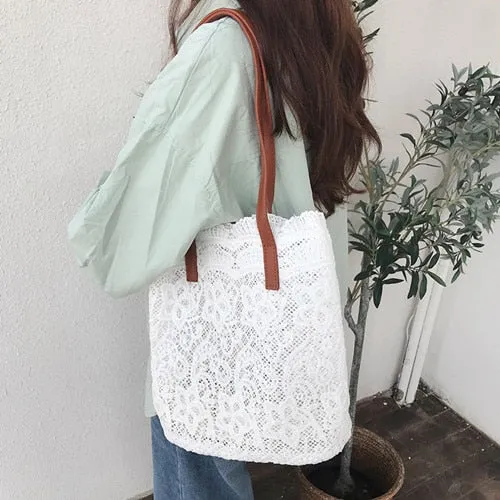 2020 new Summer 2 Pcs/Sets chic girl lace shoulder bag women Handbag female tote bags Big Capacity Foldable Travel Beach Bag