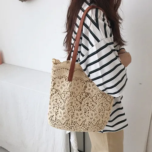 2020 new Summer 2 Pcs/Sets chic girl lace shoulder bag women Handbag female tote bags Big Capacity Foldable Travel Beach Bag