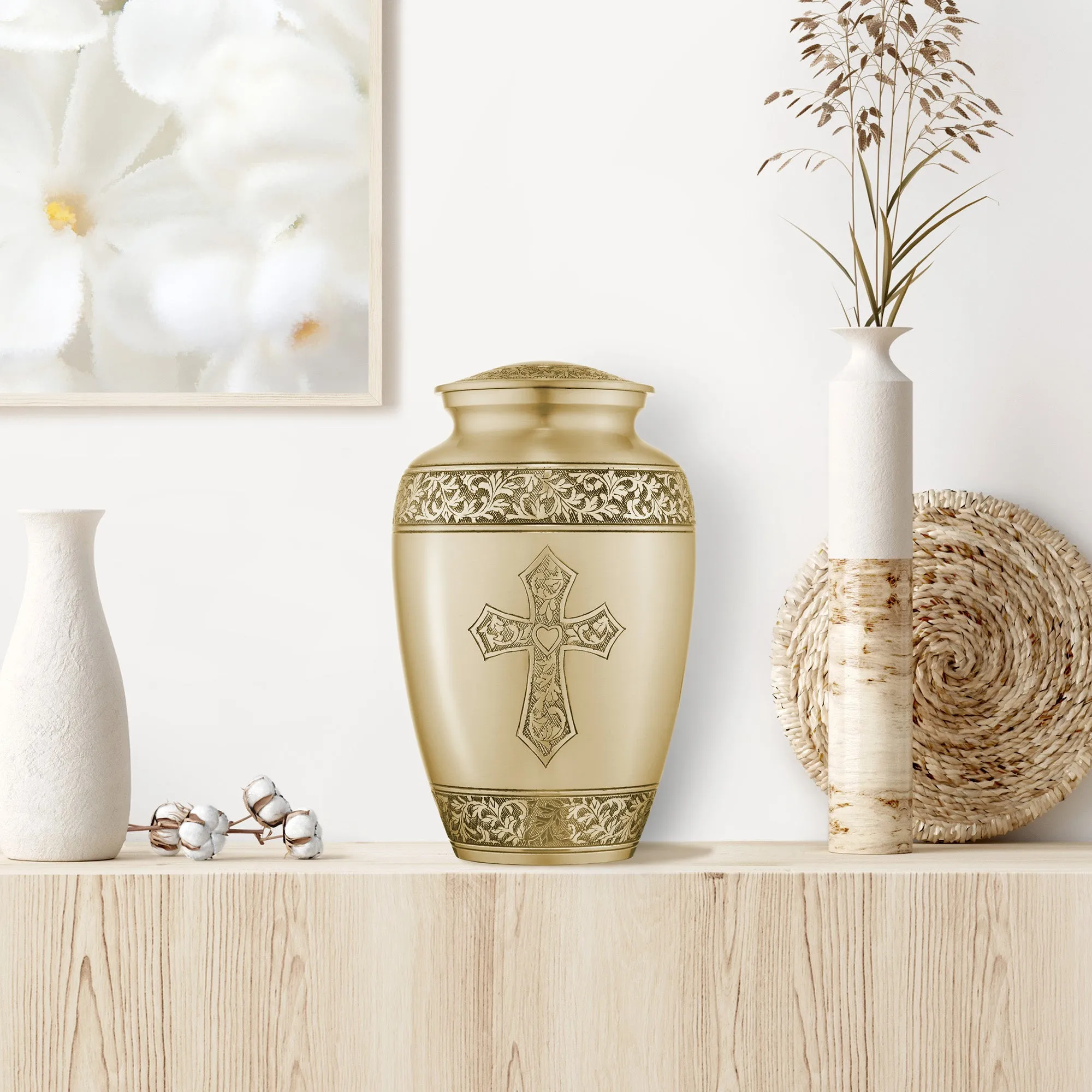 Adult Cremation Funeral Urn for Human Ashes, Etched Cross