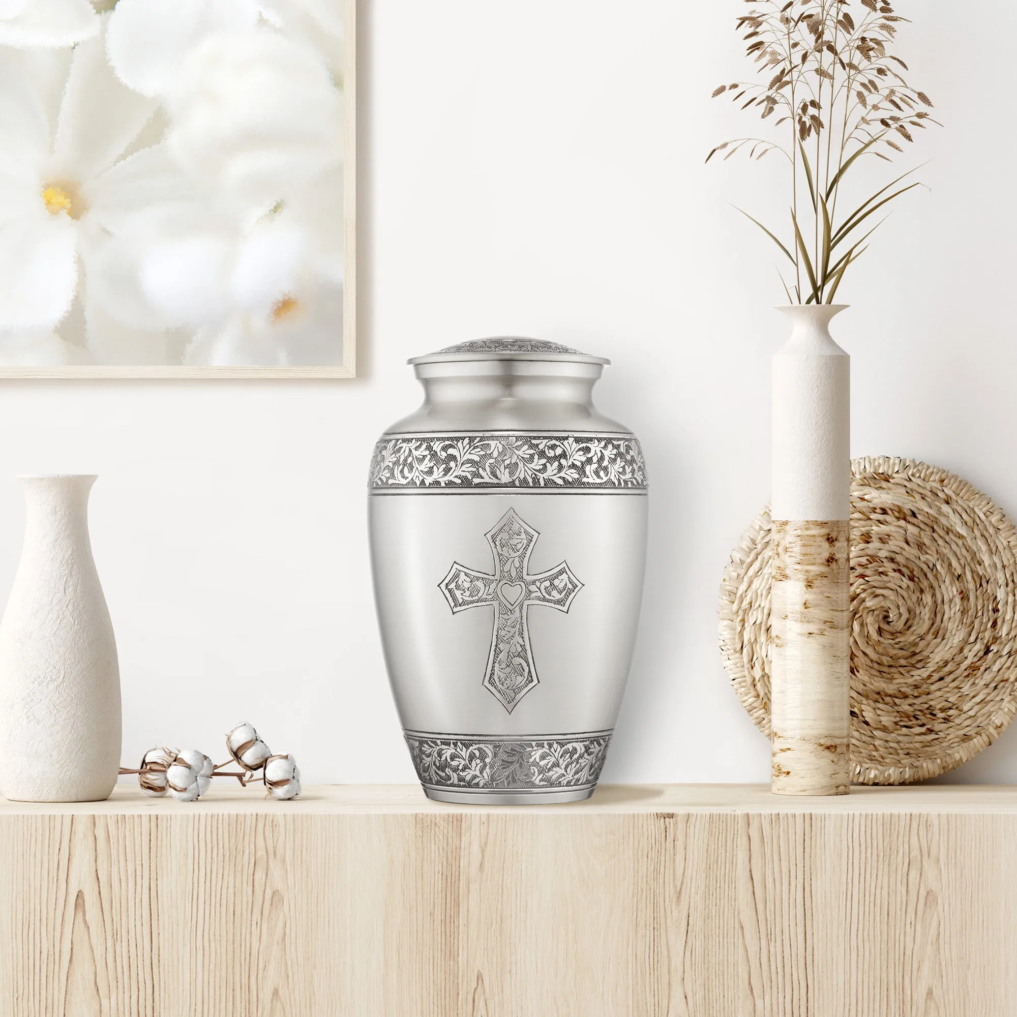 Adult Cremation Funeral Urn for Human Ashes, Etched Cross