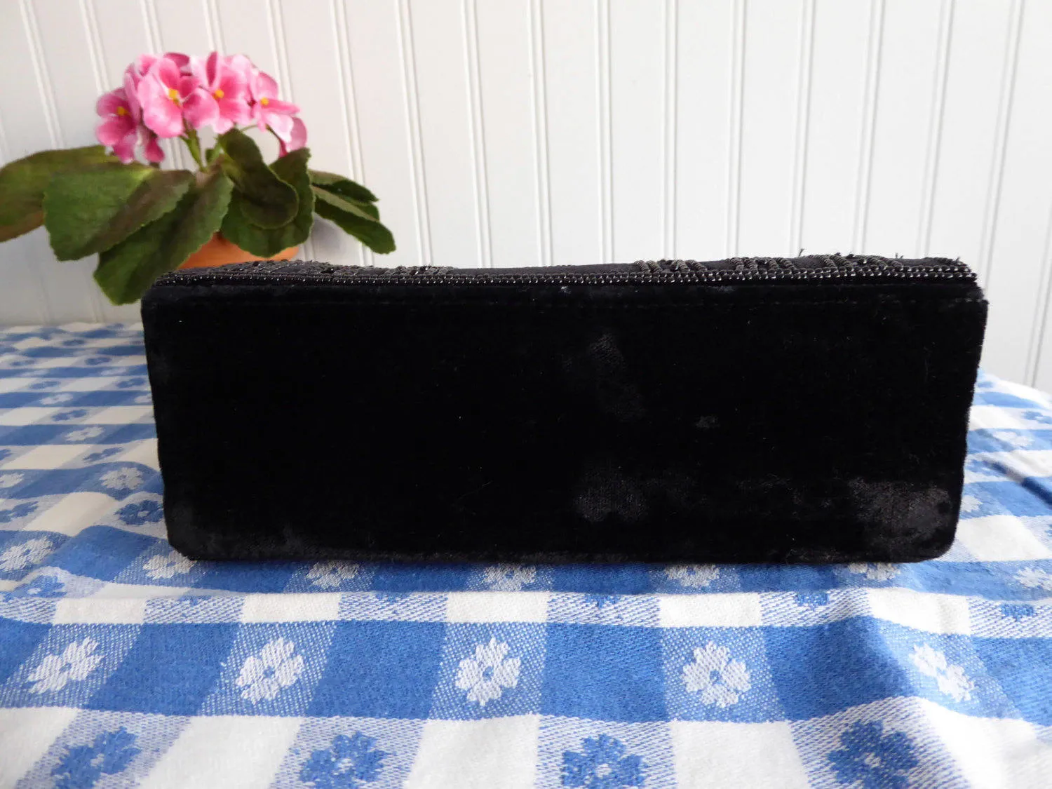 Black Velvet Beaded Purse Handbag 1980s Beaded Bag Art Nouveau Style Elegant
