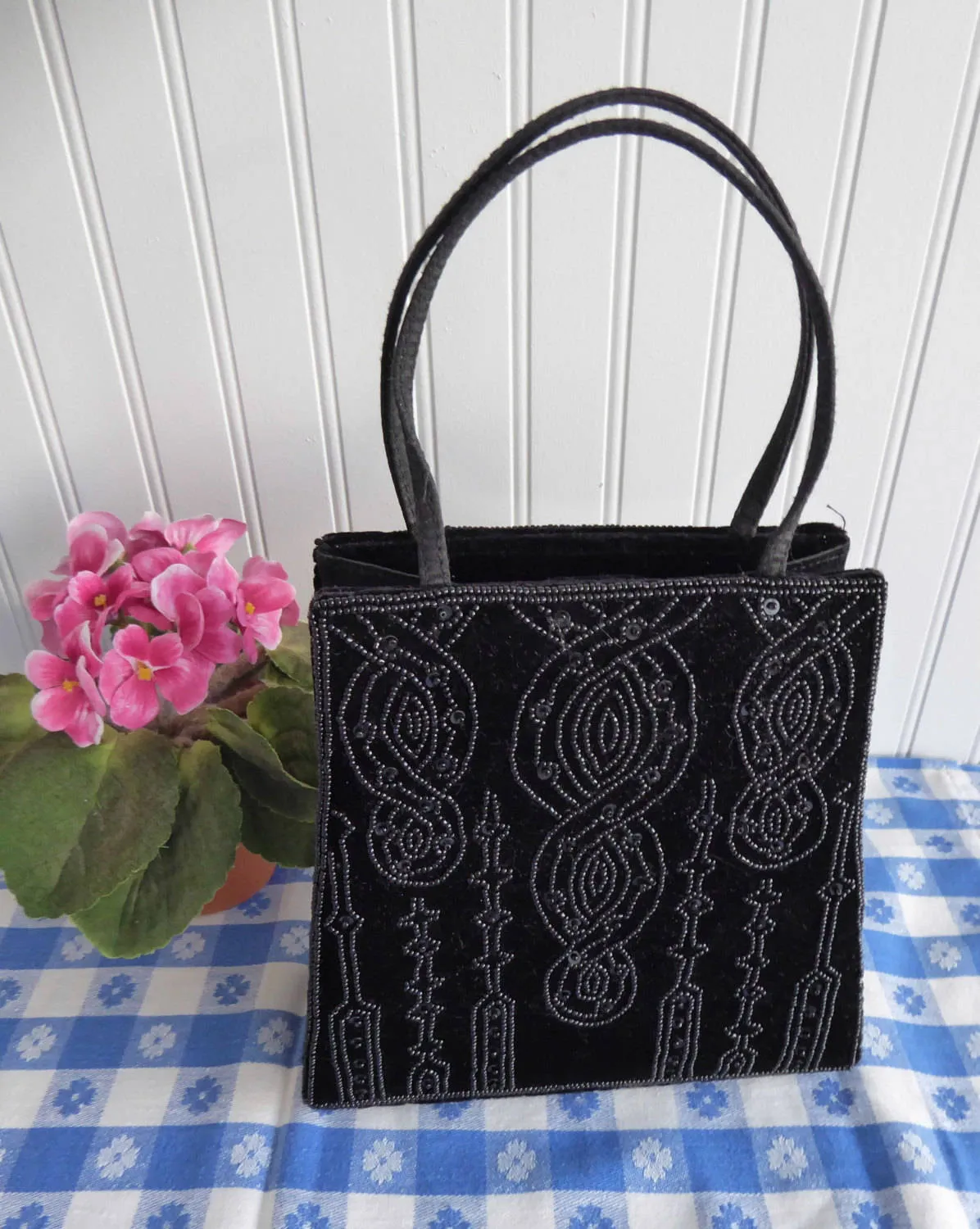 Black Velvet Beaded Purse Handbag 1980s Beaded Bag Art Nouveau Style Elegant