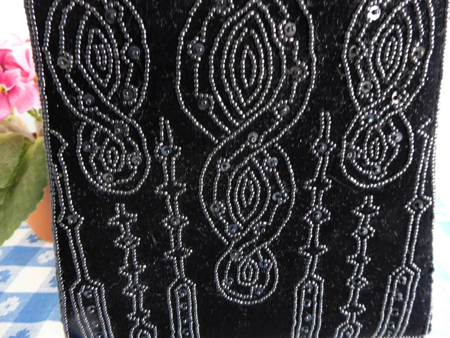 Black Velvet Beaded Purse Handbag 1980s Beaded Bag Art Nouveau Style Elegant