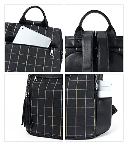 BROMEN Backpack Purse for Women Leather Anti-theft Travel Backpack Fashion Shoulder Bag Balck Plaid