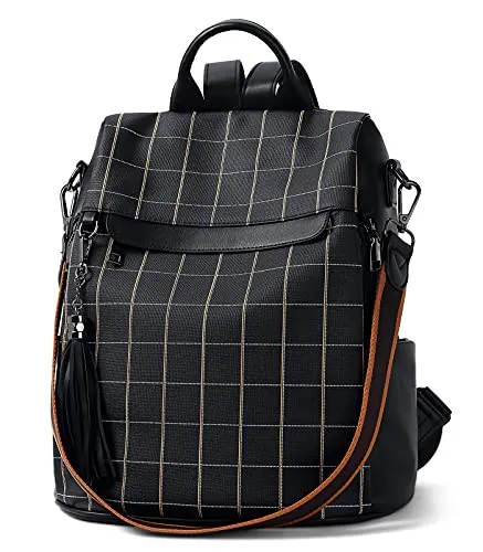 BROMEN Backpack Purse for Women Leather Anti-theft Travel Backpack Fashion Shoulder Bag Balck Plaid