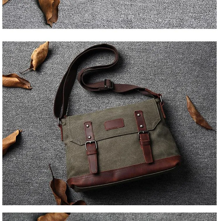Casual Canvas Mens Womens Simple 10‘’ Side Bag Green Courier Bag Messenger Bag Backpack for Men