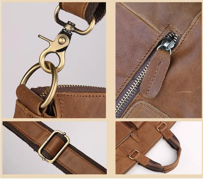 Crazy Horse Leather Briefcase Retro Tote Bag Handmade Shoulder Messenger Bag