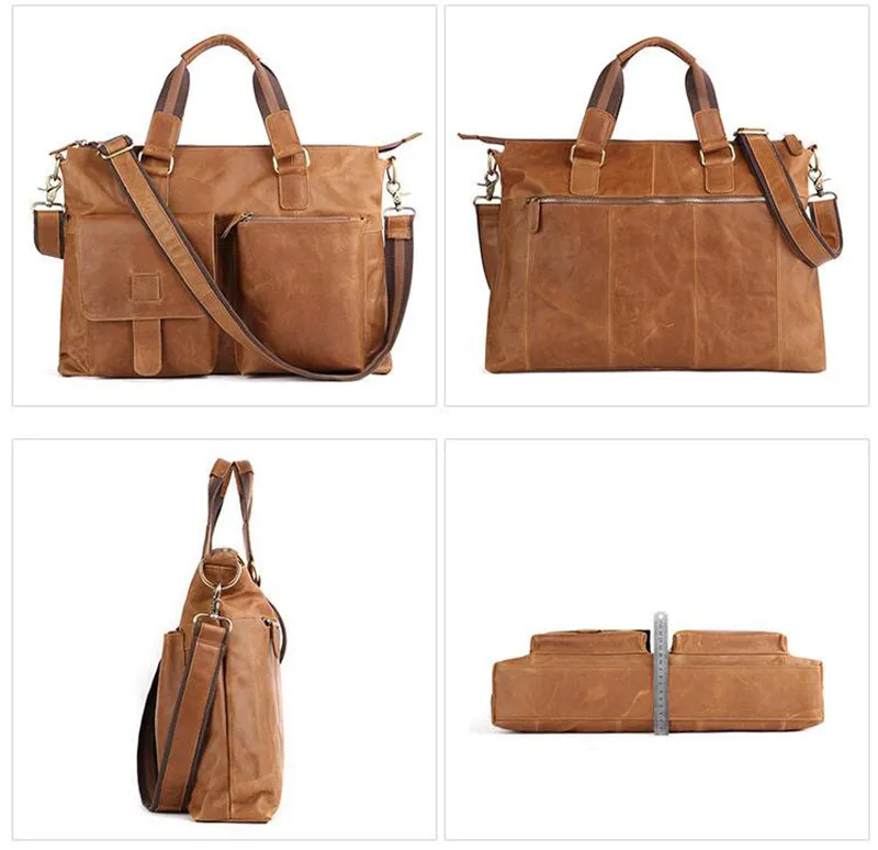 Crazy Horse Leather Briefcase Retro Tote Bag Handmade Shoulder Messenger Bag