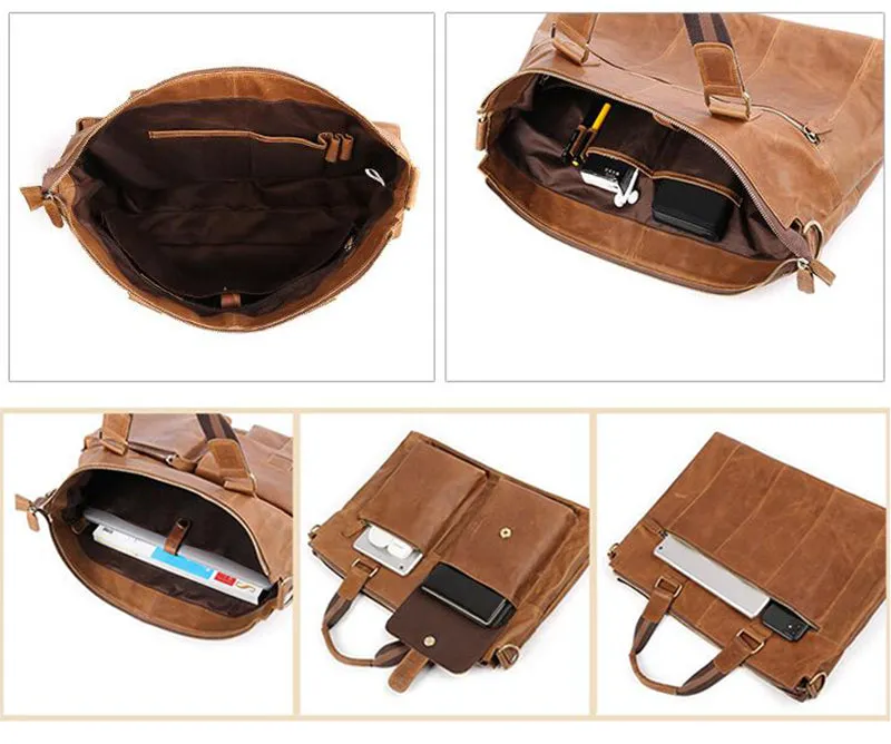 Crazy Horse Leather Briefcase Retro Tote Bag Handmade Shoulder Messenger Bag