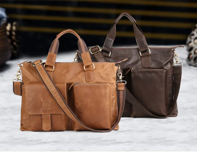 Crazy Horse Leather Briefcase Retro Tote Bag Handmade Shoulder Messenger Bag