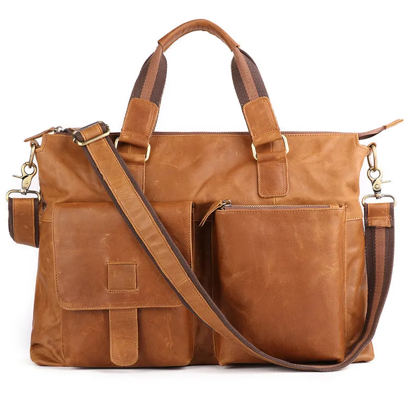 Crazy Horse Leather Briefcase Retro Tote Bag Handmade Shoulder Messenger Bag