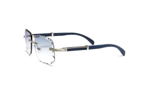 DRONE 5 Silver & Blue Wood Rimless Sunglasses, Gradient Grey Diamond Cut Lenses