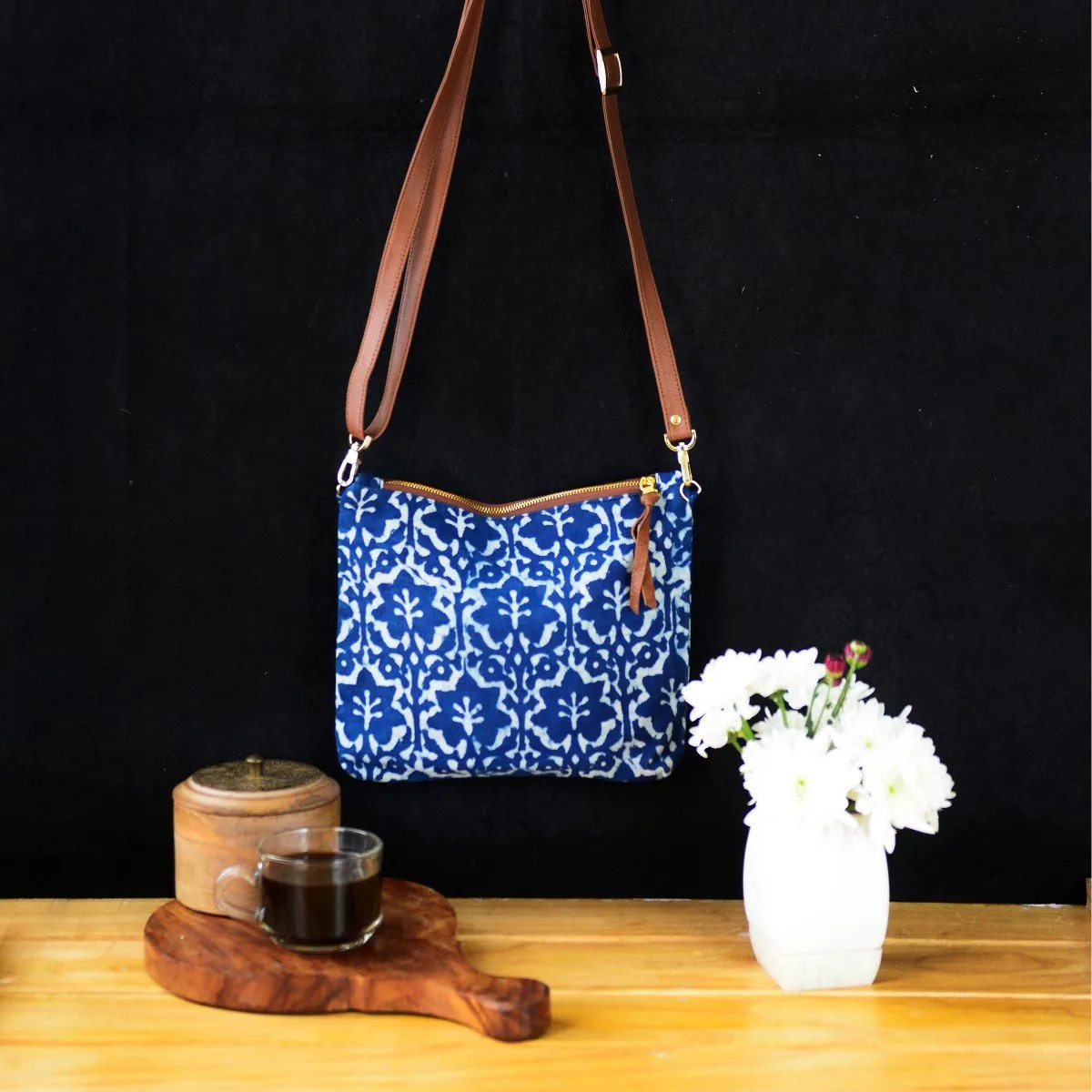 Eco-Conscious Indigo Block Leaf Print Sling