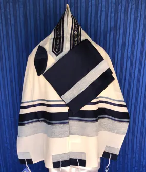 Elegant Cotton Tallit With Light Blue and Silver Ribbons