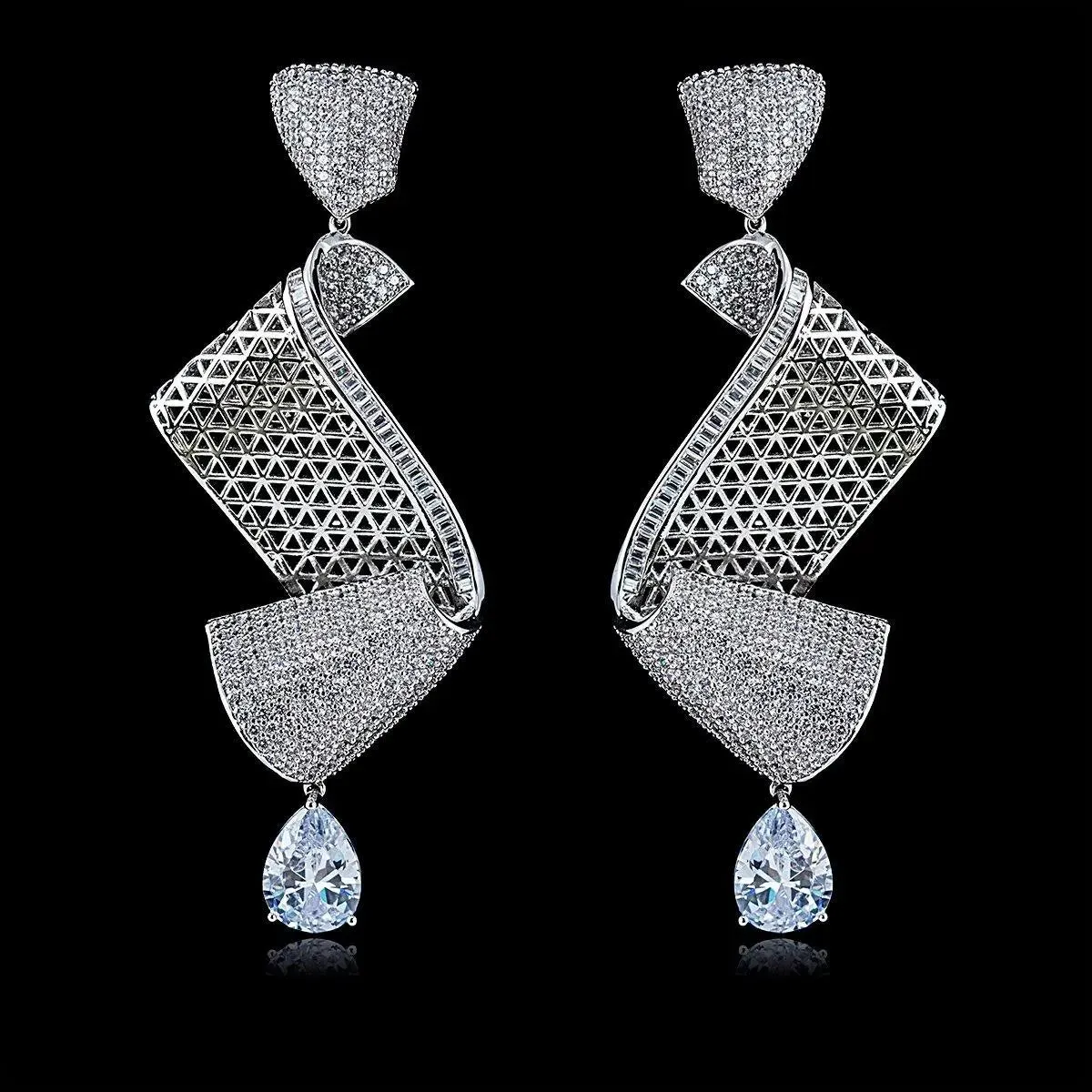 Elegant S Shaped Cubid Zirconia Detailed Silver Gold  Cocktail Party Wedding Bridal Earring Jewellery