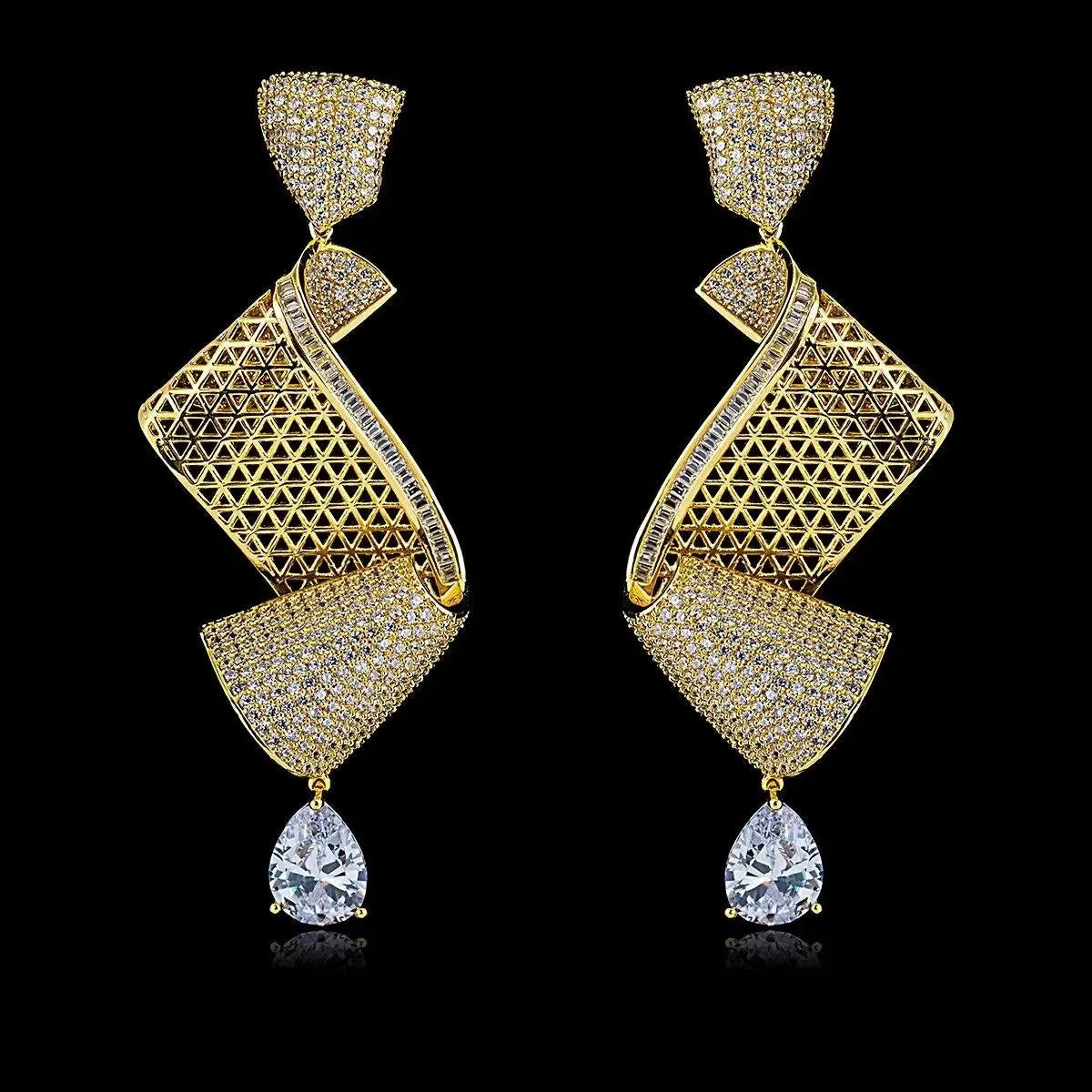 Elegant S Shaped Cubid Zirconia Detailed Silver Gold  Cocktail Party Wedding Bridal Earring Jewellery