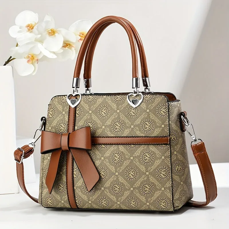 Elegant Women's Fashion Tote Bag with Adjustable Strap, Colorblock Design & Bow Charm - Faux Leather, Zip Closure