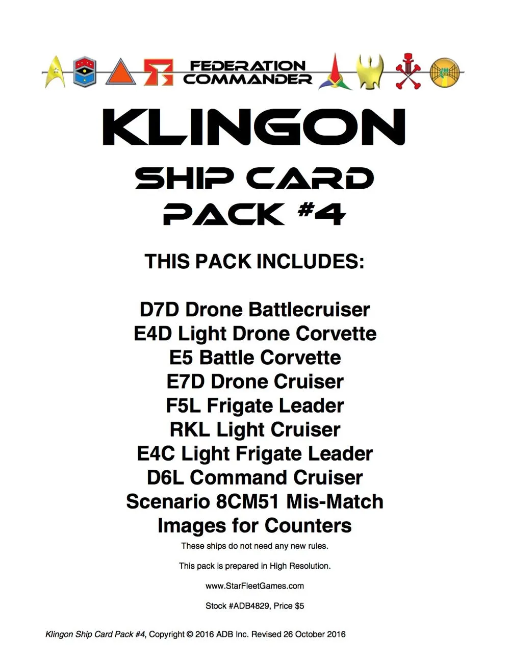 Federation Commander: Klingon Ship Card Pack #4