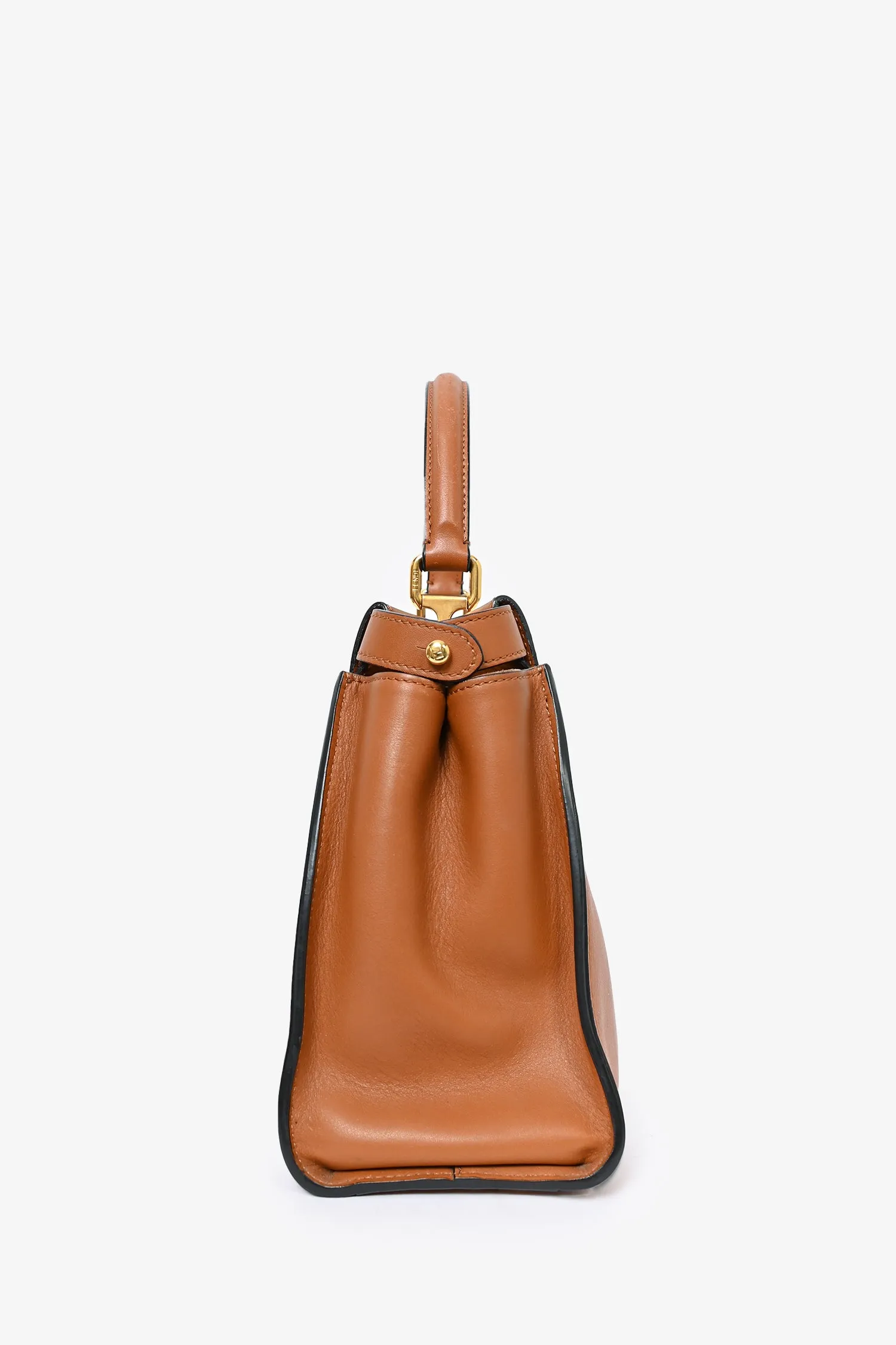 Fendi Brown Leather Canvas Striped Peekaboo Top Handle with Canvas Strap