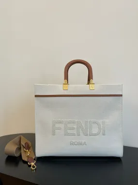 FI Sunshine Medium Tote Bag Light Grey Canvas For Women, Women&#8217;s Bags, Shoulder Bags 13.8in/35cm FF 8BH386