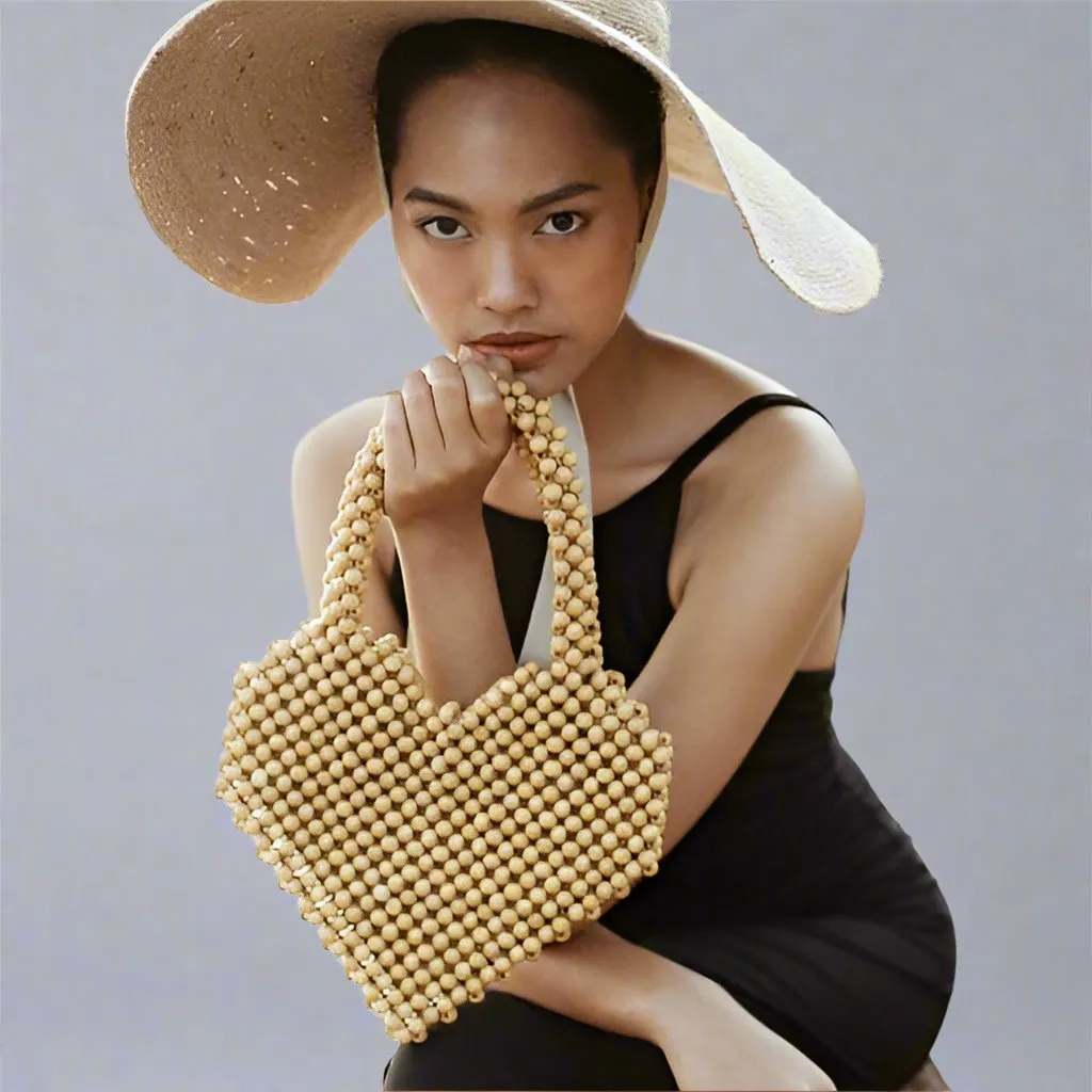 Heart Shaped Wood-Beaded Tote Bag