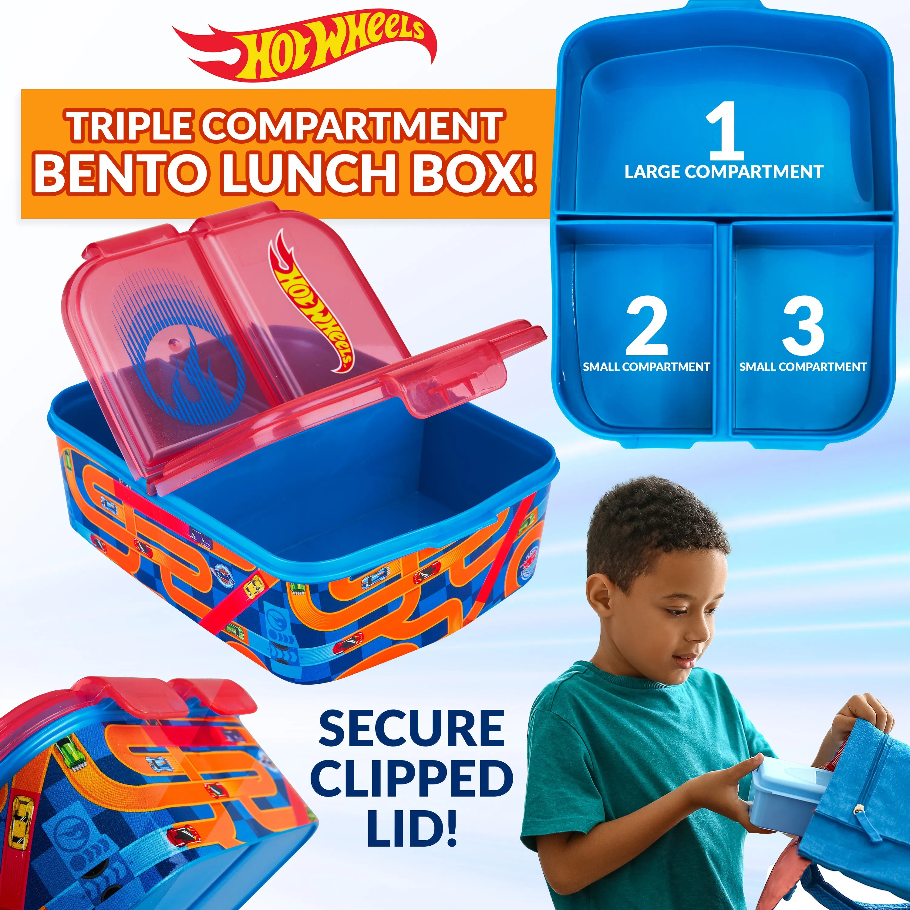 Hot Wheels Kids Lunchbox with Compartments & Water Bottle for School, Day Trips
