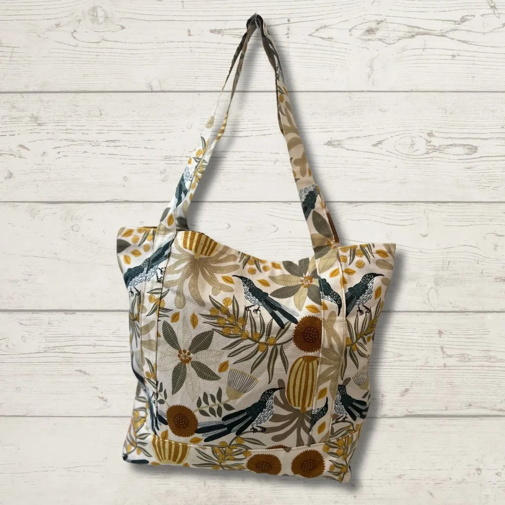 Knitting Bag - Navy & Mustard With Birds