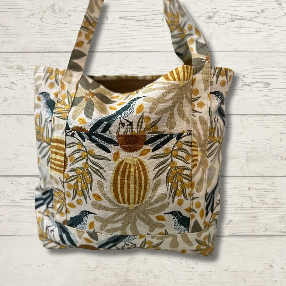 Knitting Bag - Navy & Mustard With Birds