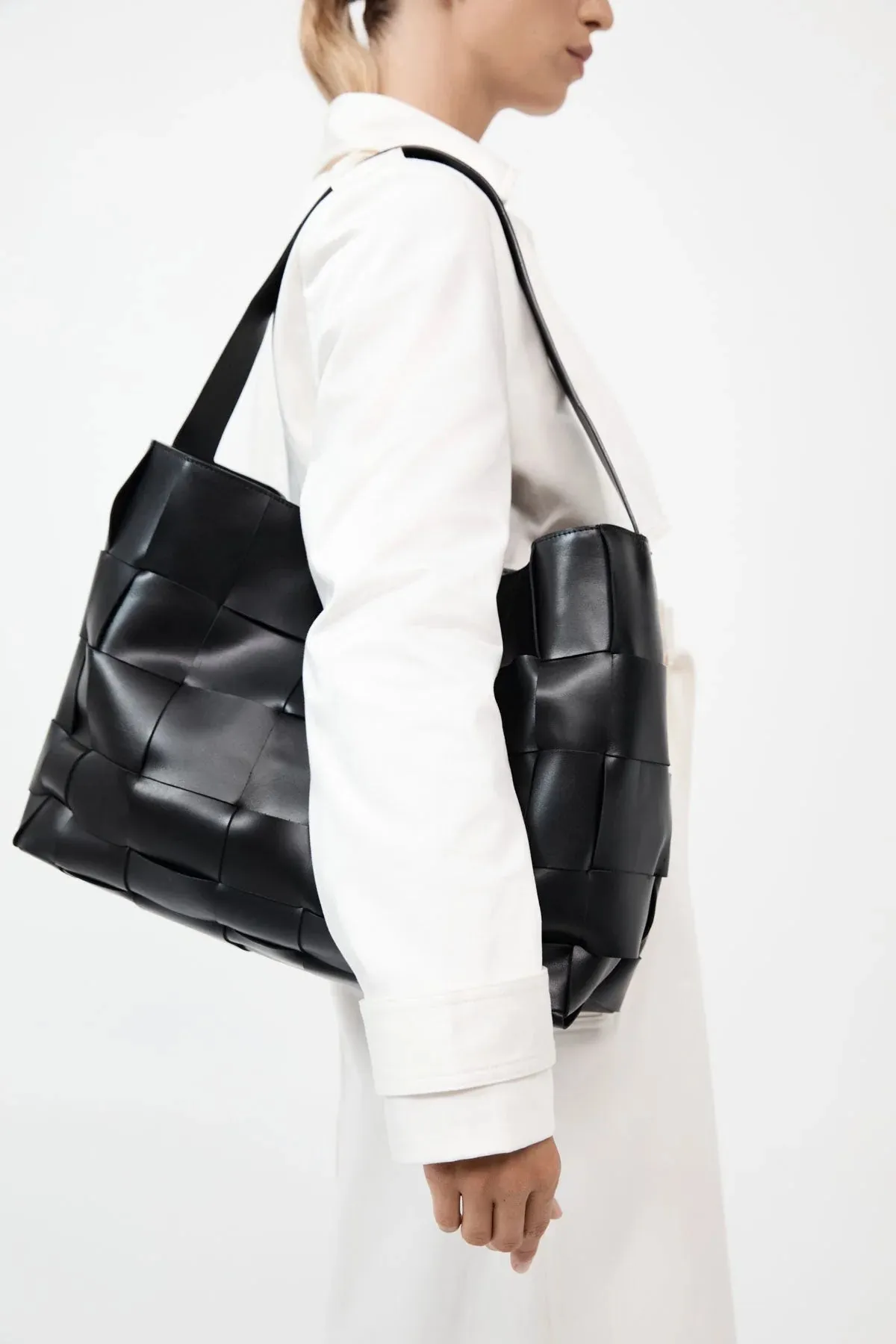 Large Black Leather Woven Tote Bag
