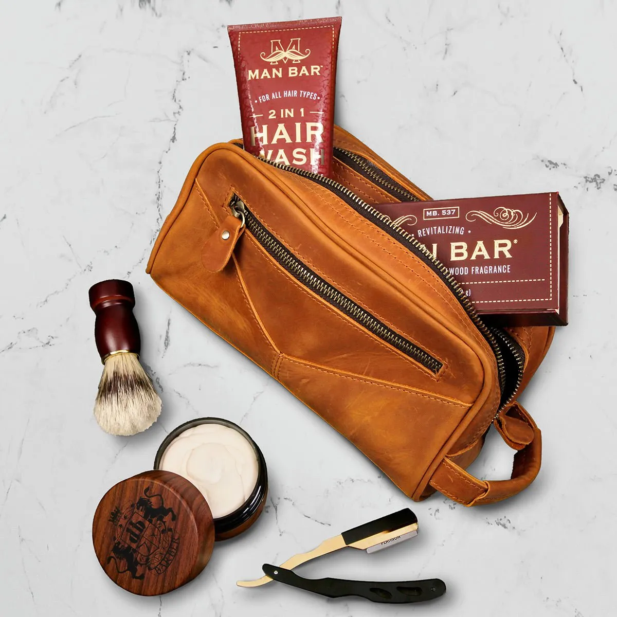 Luxury Men's Shaving Kit with Beckham Travel Toiletry Bag, Leather