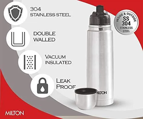 Milton Flip Lid 500 Thermosteel 24 Hours Hot and Cold Water Bottle with Bag, 500 ml, Silver