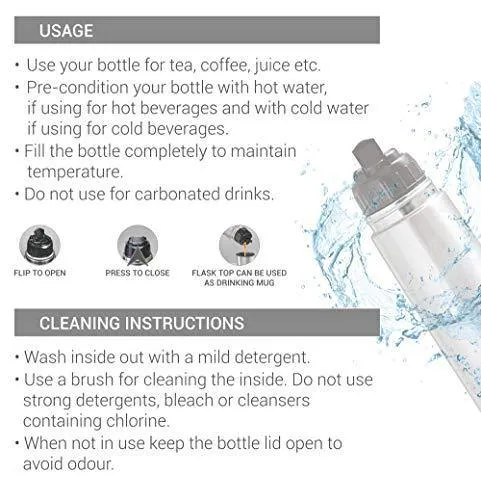 Milton Flip Lid 500 Thermosteel 24 Hours Hot and Cold Water Bottle with Bag, 500 ml, Silver