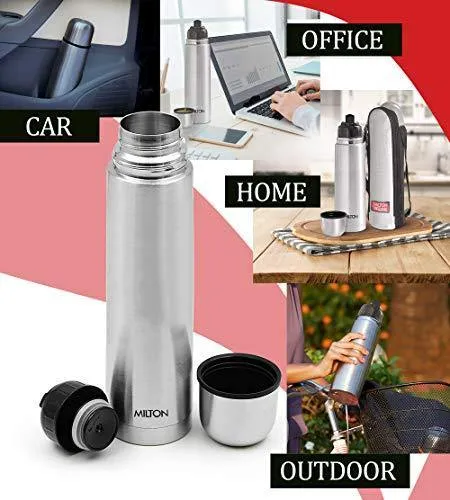 Milton Flip Lid 500 Thermosteel 24 Hours Hot and Cold Water Bottle with Bag, 500 ml, Silver