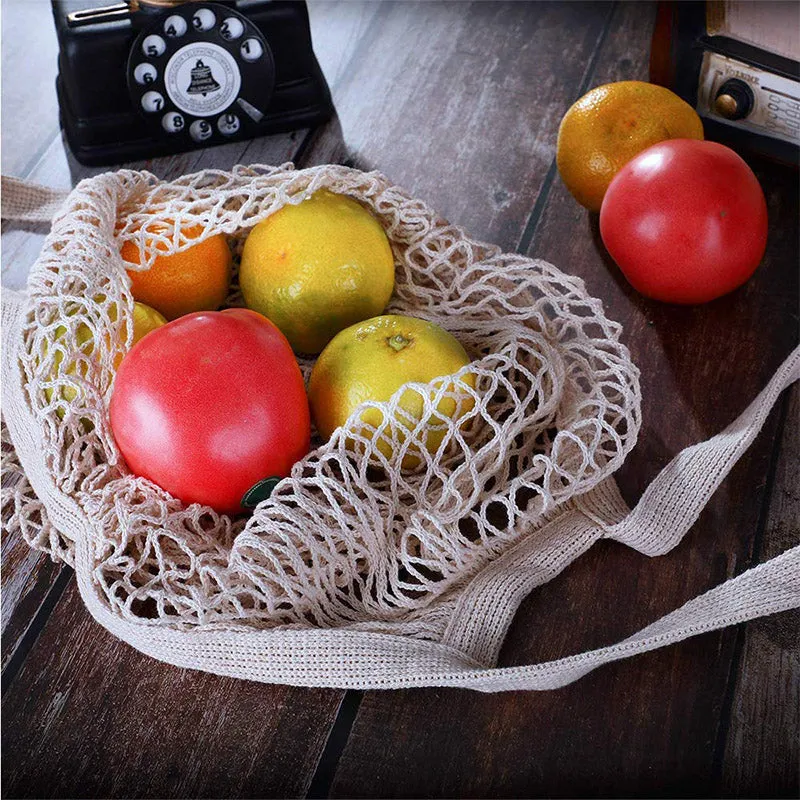 Net Shopping Bag Cotton Market String Reusable Mesh bag with Long Handles Washable Mesh Storage Fruit Vegetable
