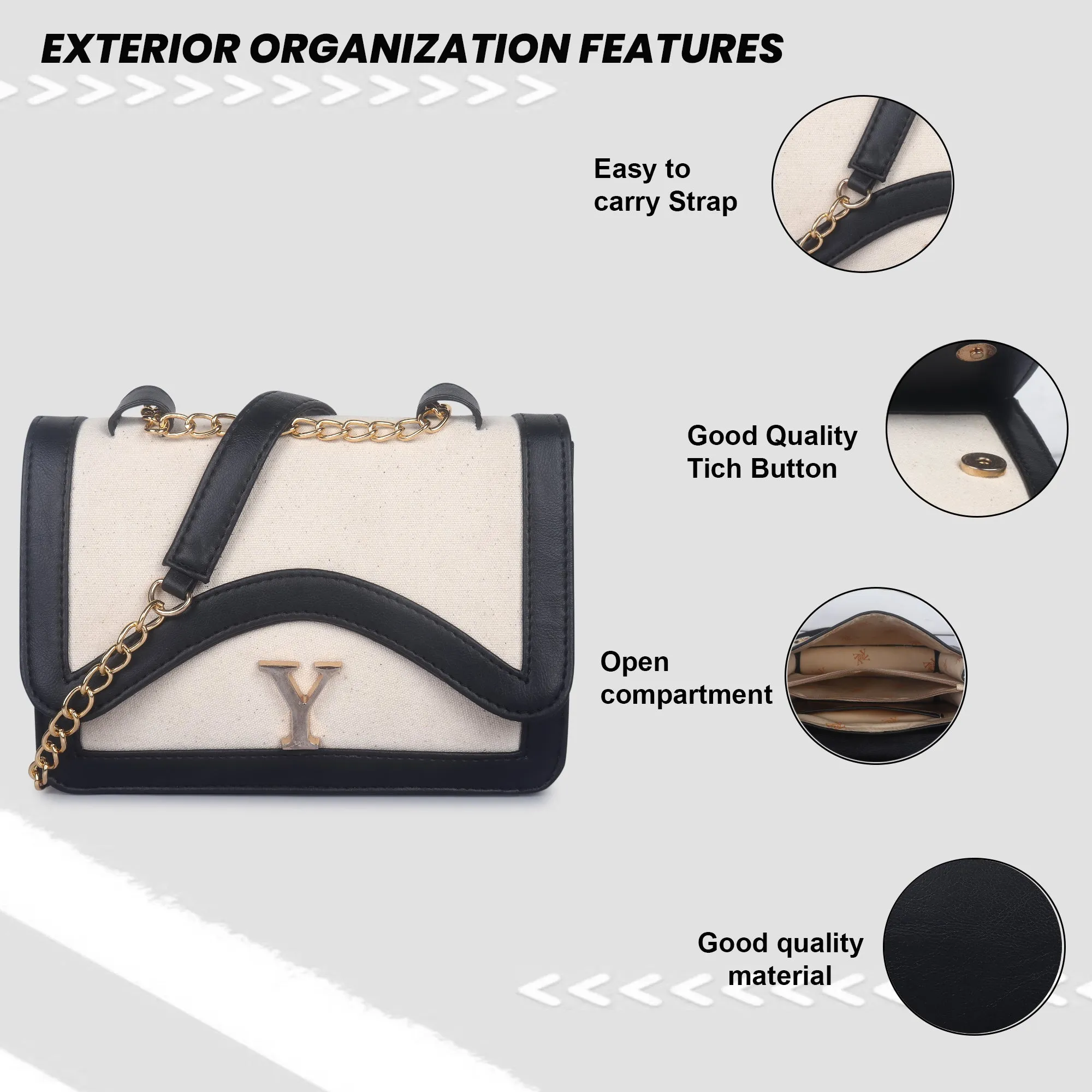Off White-Black Canvas Sling Bag For Women