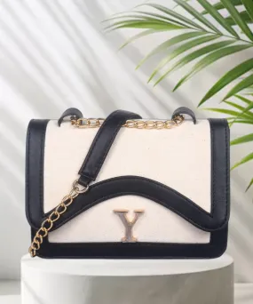 Off White-Black Canvas Sling Bag For Women