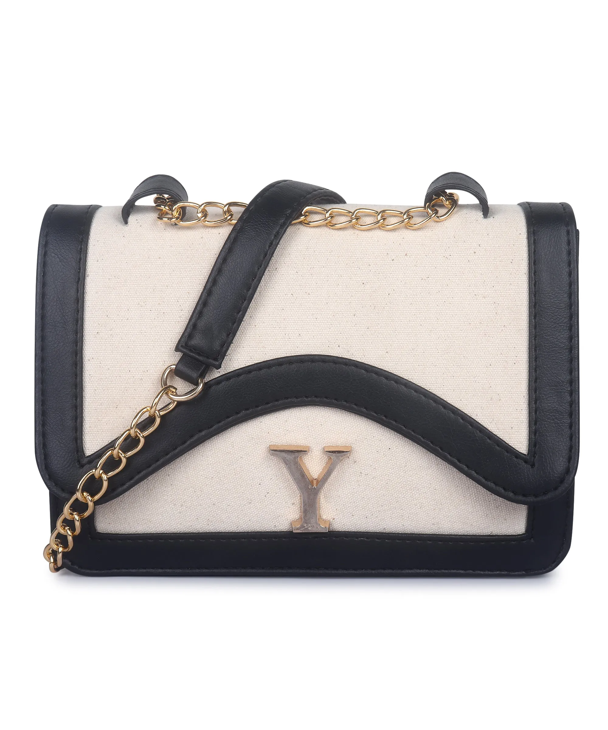 Off White-Black Canvas Sling Bag For Women