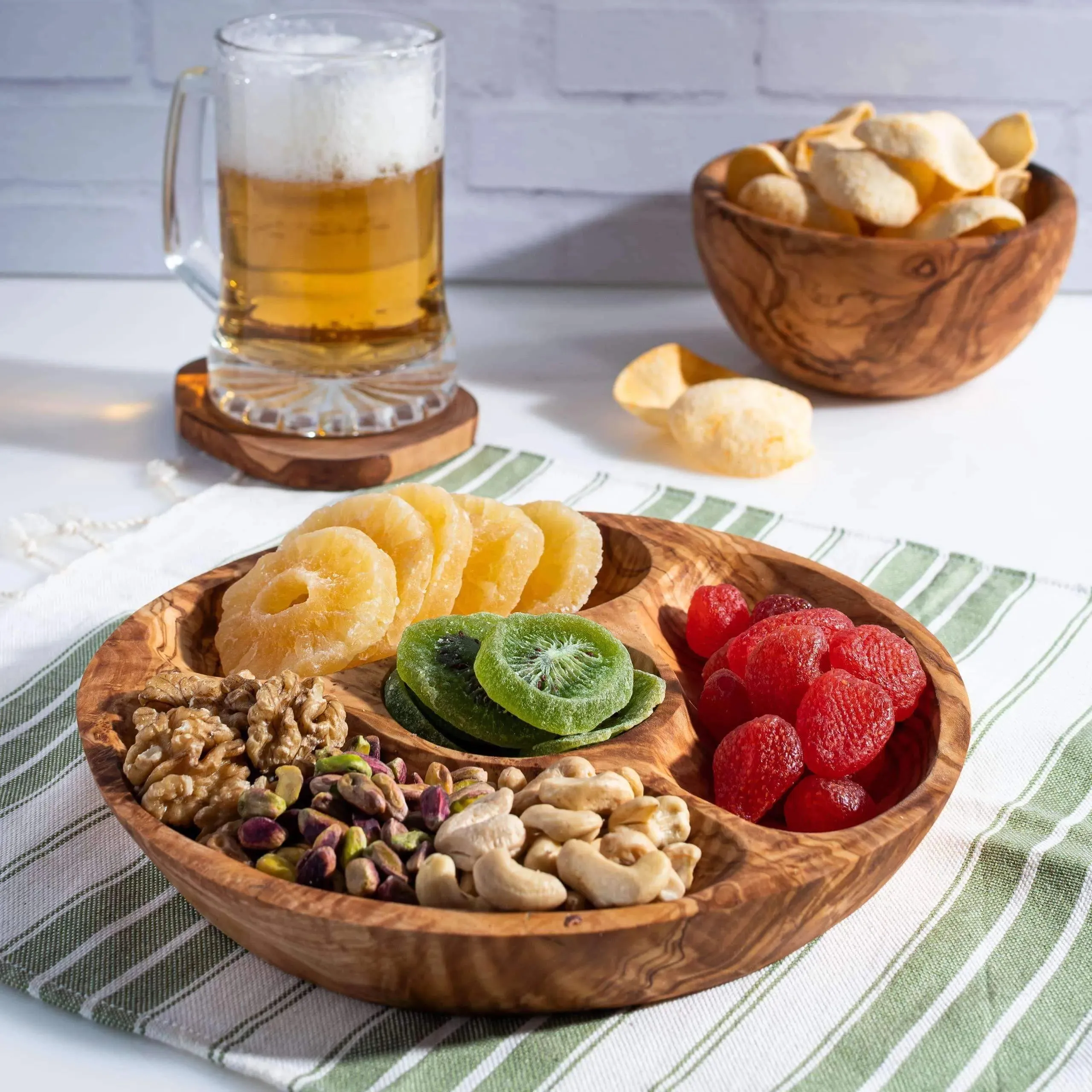 Olivewood Round Snack plate with Compartments