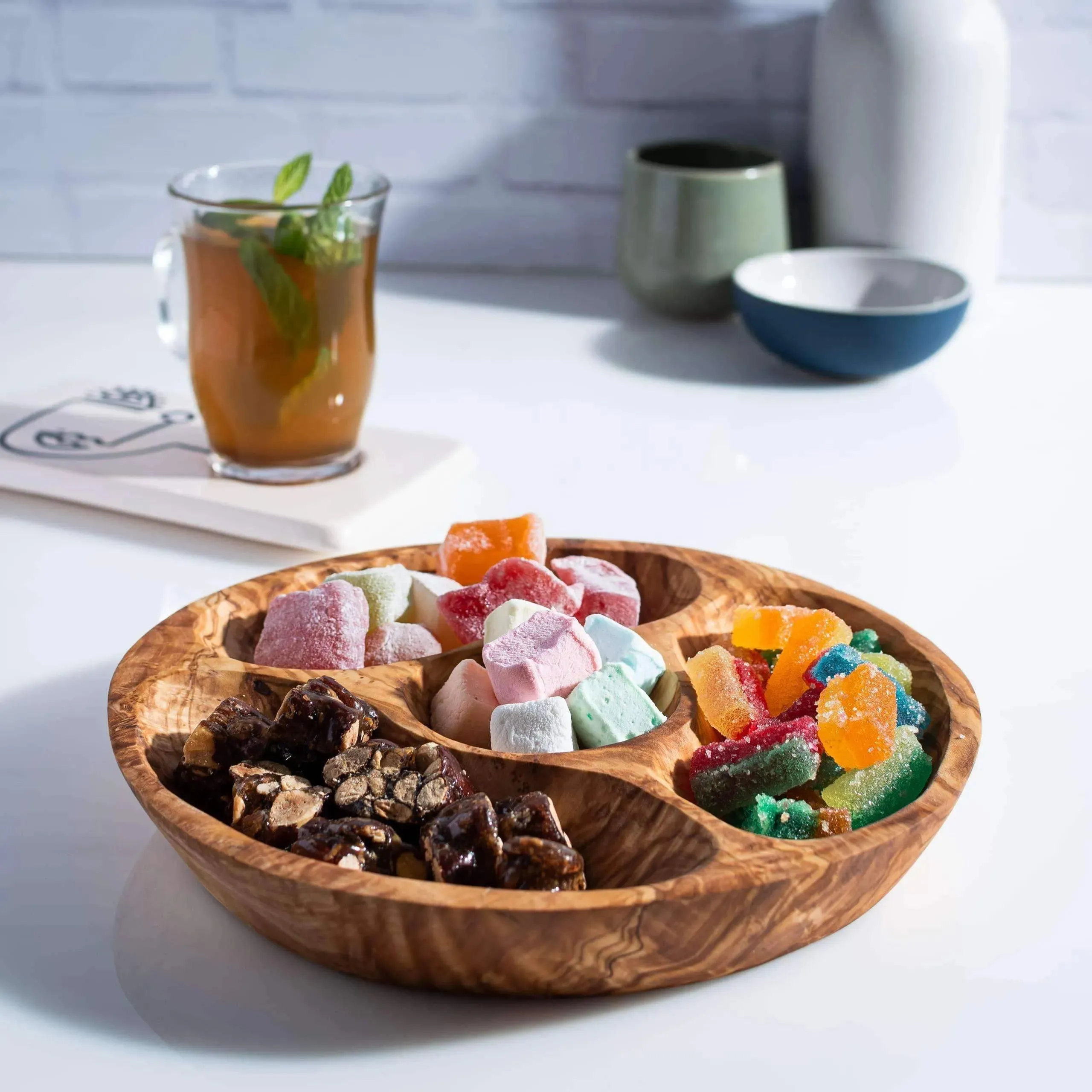 Olivewood Round Snack plate with Compartments