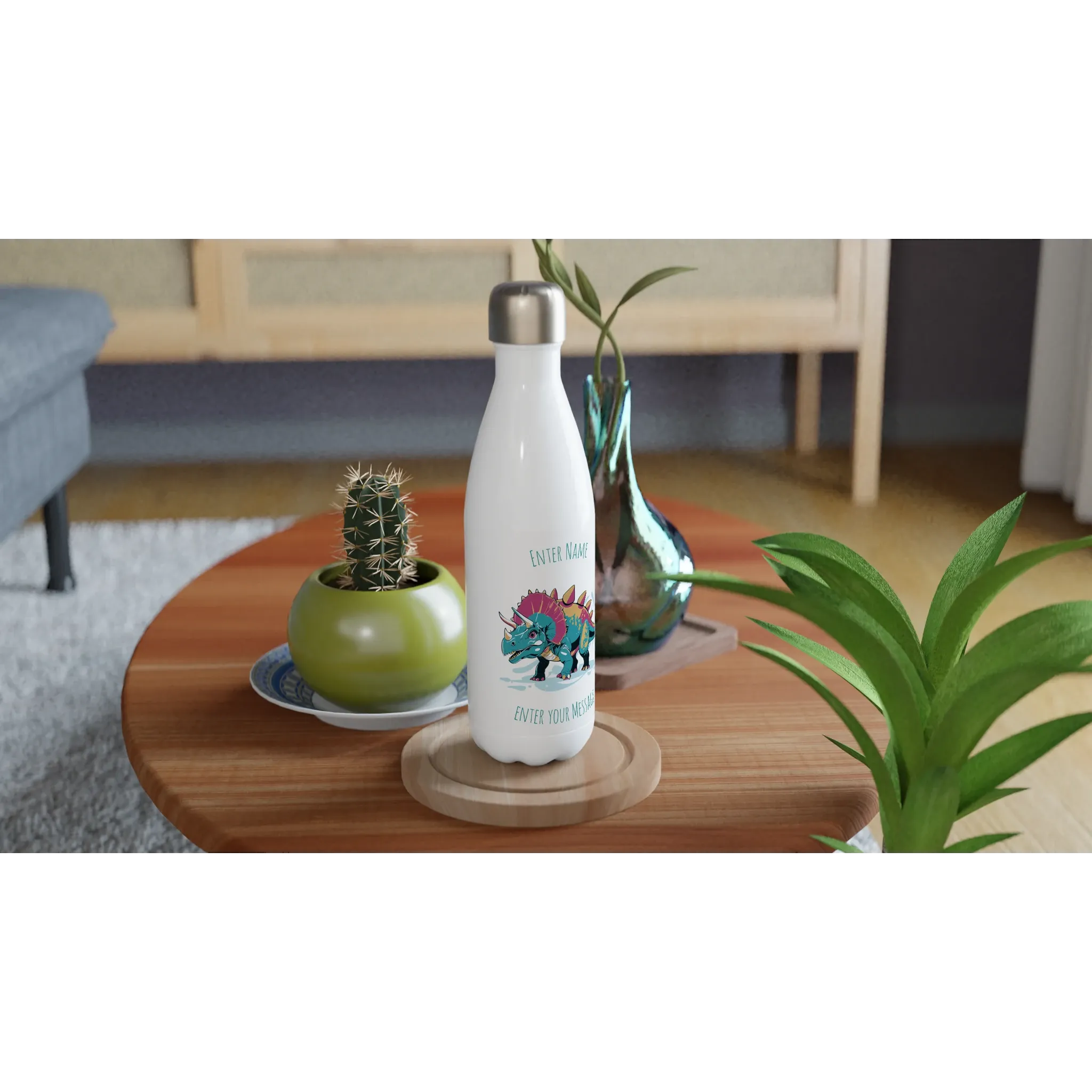 Personalisable White 17oz Stainless Steel Water Bottle - Triceratops Add Message