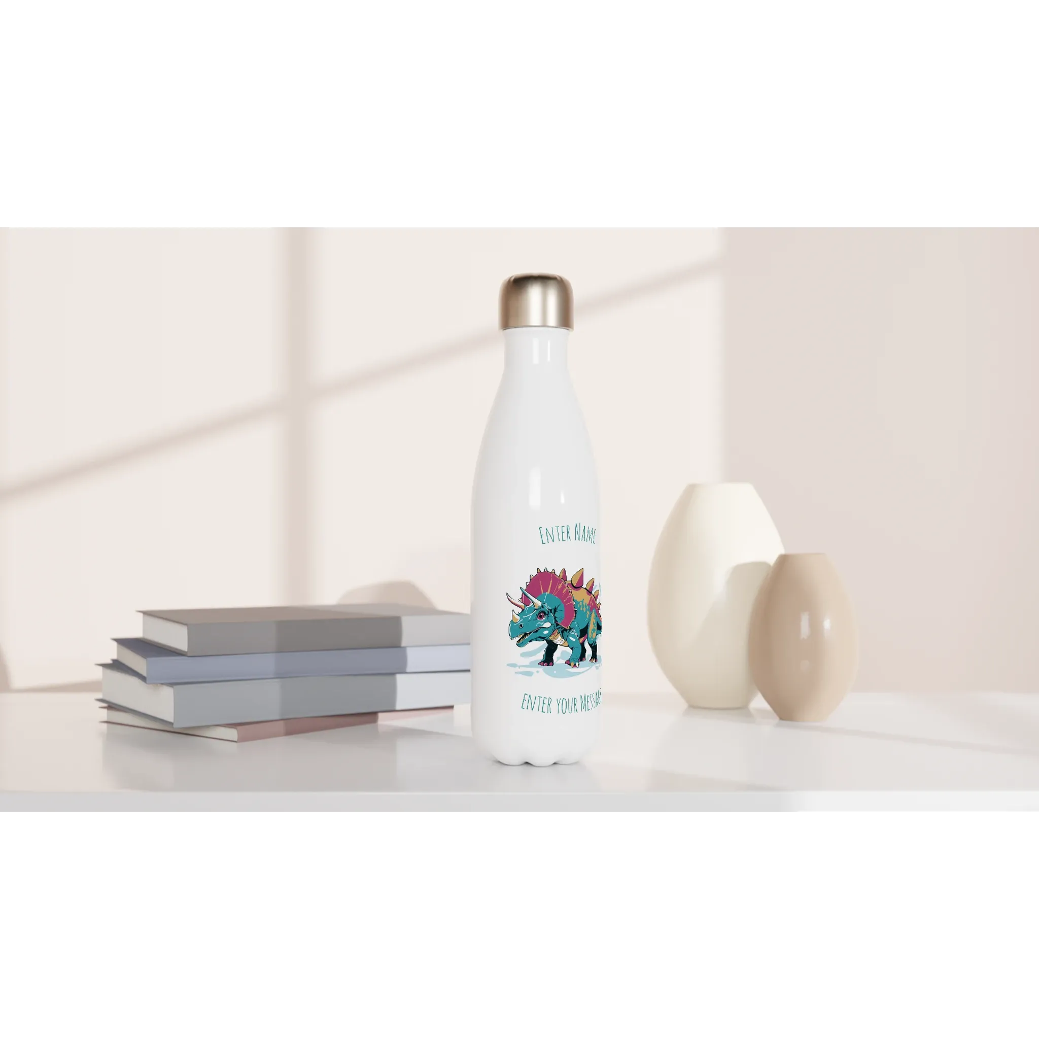 Personalisable White 17oz Stainless Steel Water Bottle - Triceratops Add Message
