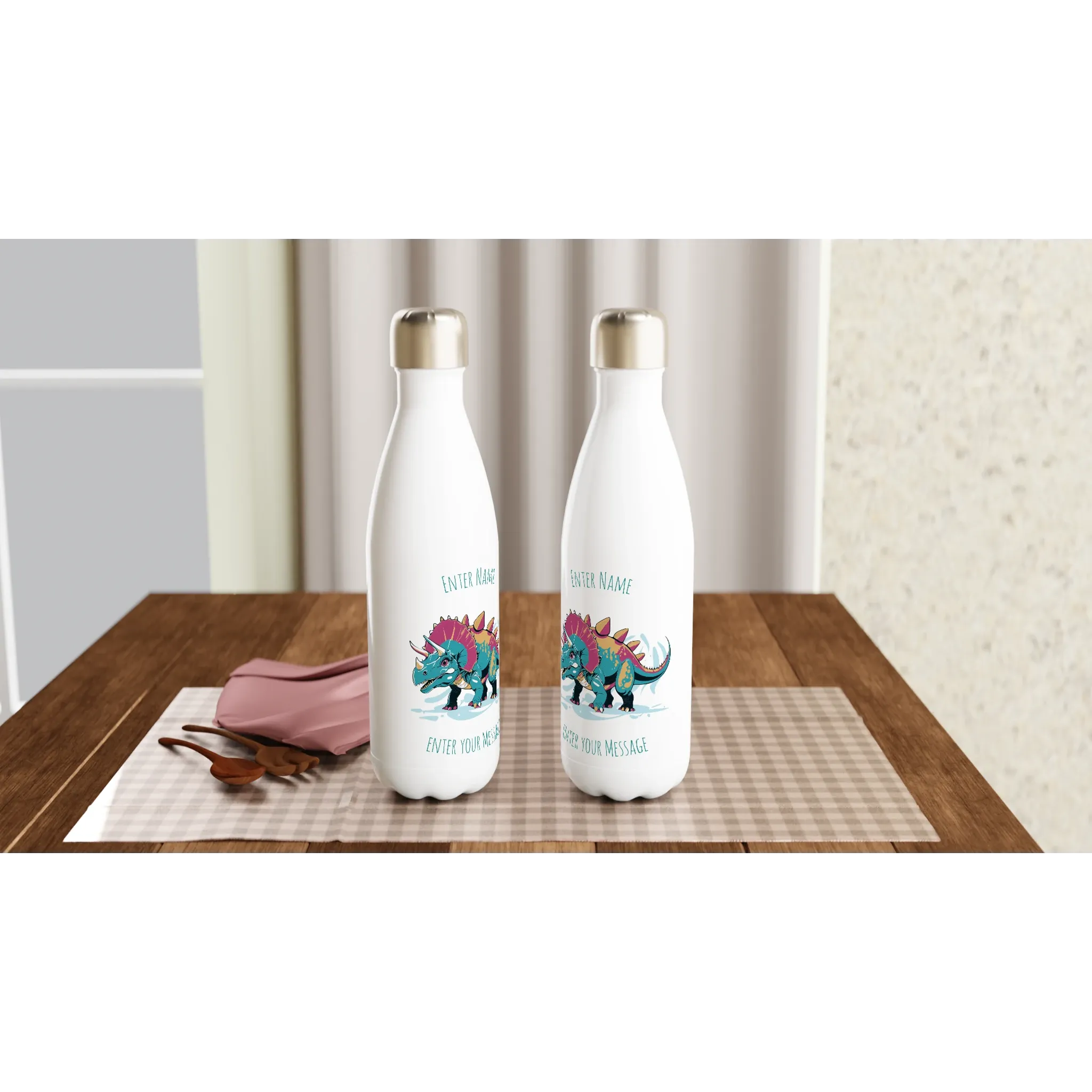 Personalisable White 17oz Stainless Steel Water Bottle - Triceratops Add Message