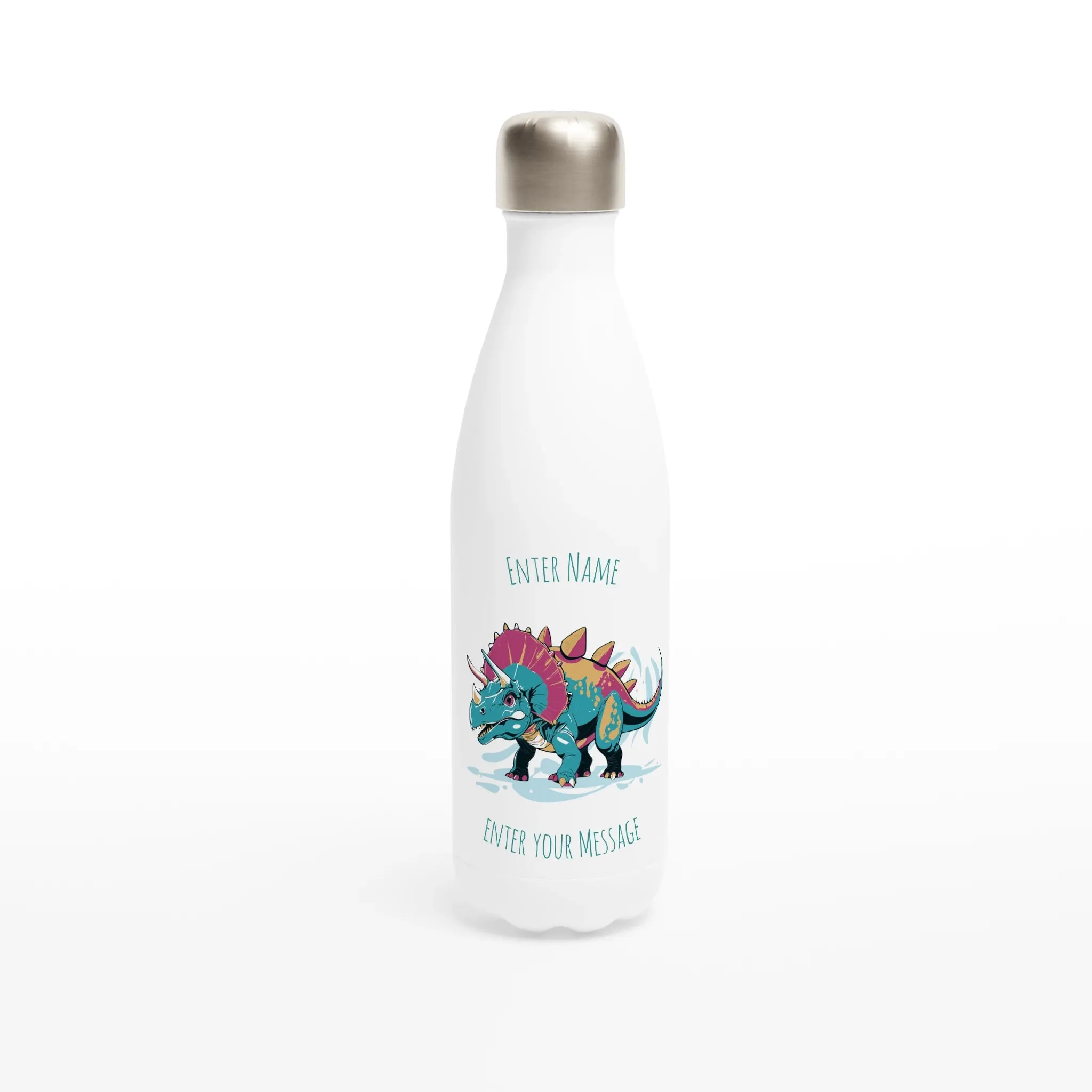 Personalisable White 17oz Stainless Steel Water Bottle - Triceratops Add Message