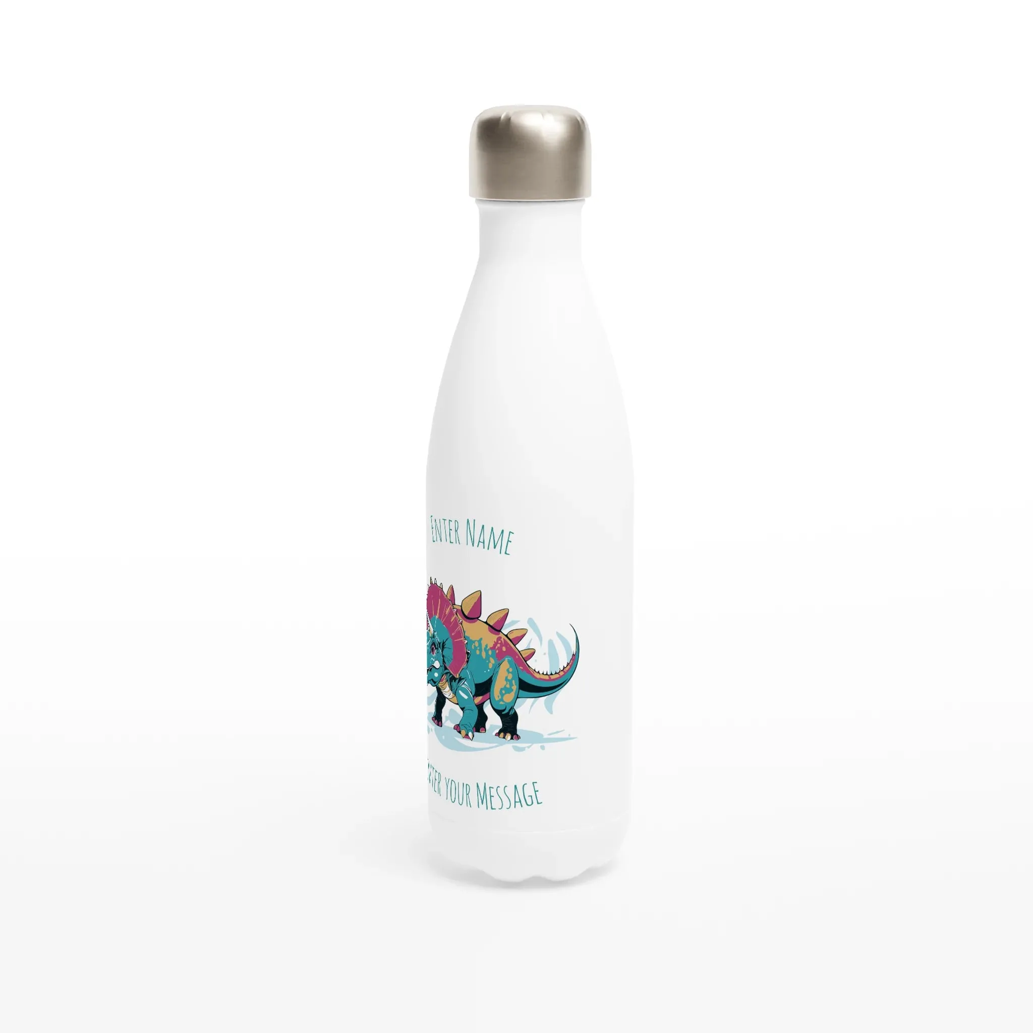 Personalisable White 17oz Stainless Steel Water Bottle - Triceratops Add Message