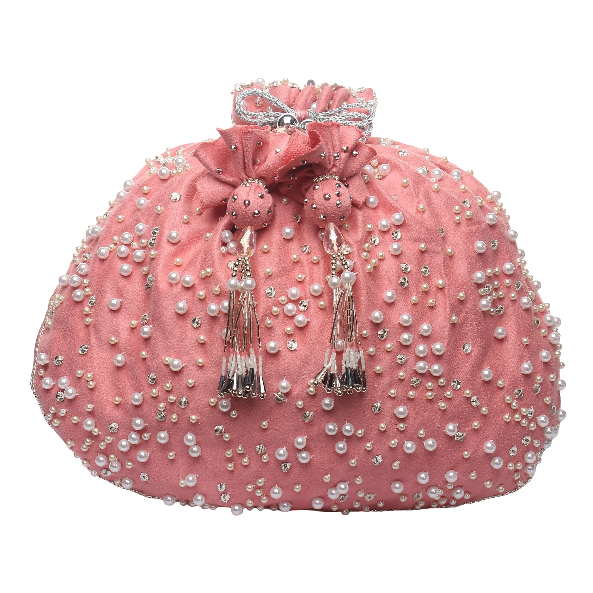 Pink Potli Bag with pearls and swarovski crystals