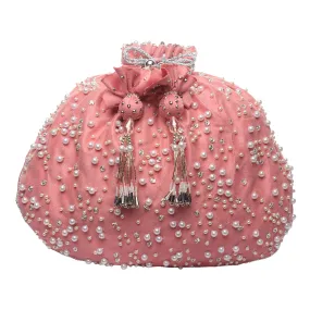Pink Potli Bag with pearls and swarovski crystals