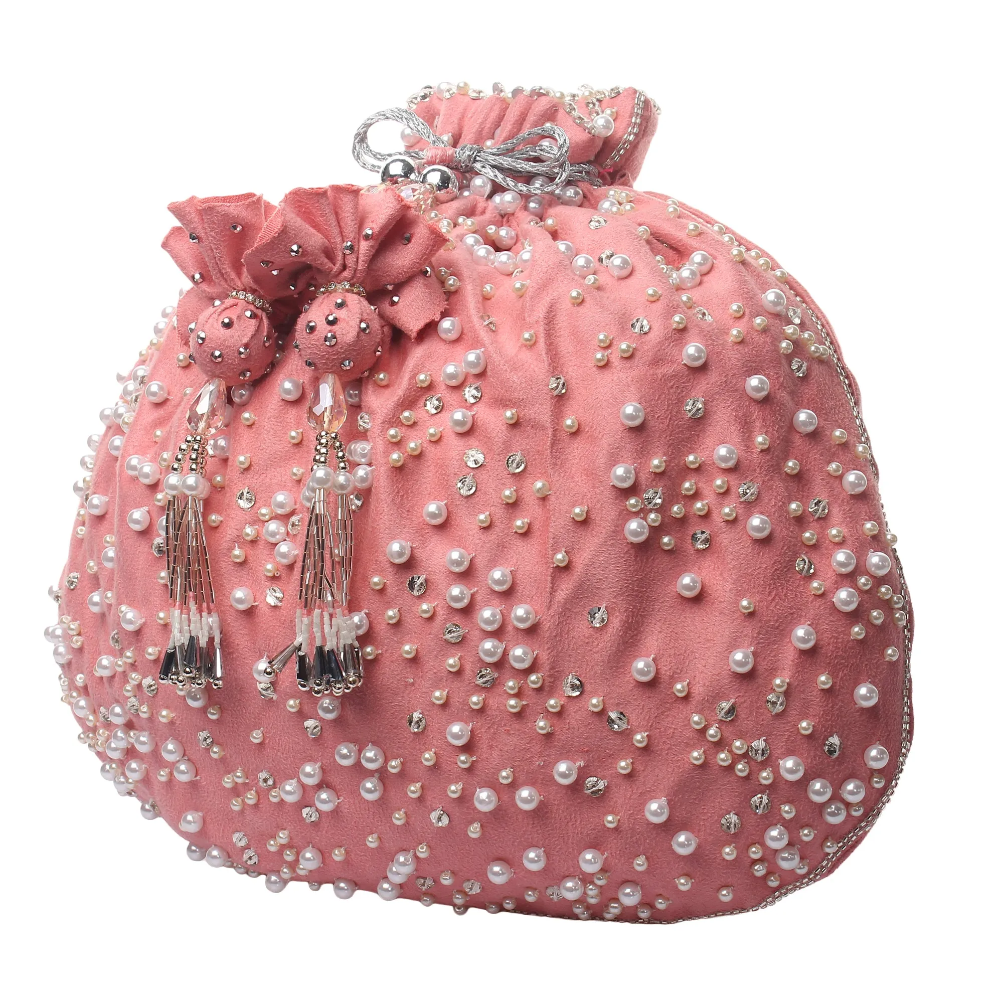 Pink Potli Bag with pearls and swarovski crystals