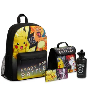 Pokemon Kids Backpack 4 Piece Set - Rucksack, Insulated Lunch Box, Kids Pencil Case BPA Free 500ml Water Bottle