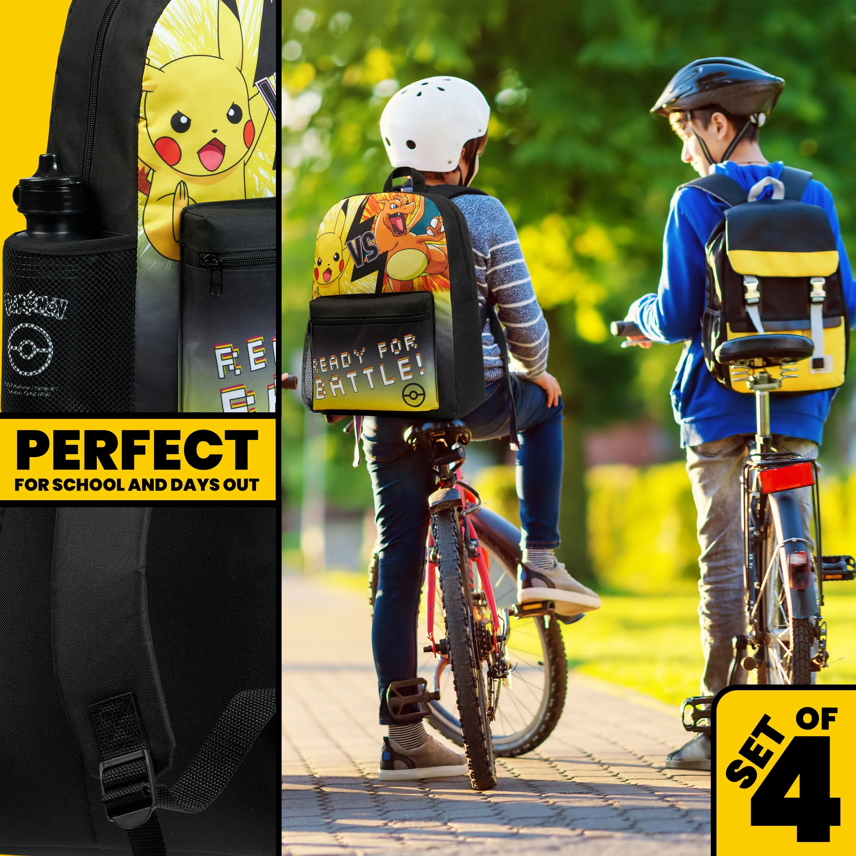 Pokemon Kids Backpack 4 Piece Set - Rucksack, Insulated Lunch Box, Kids Pencil Case BPA Free 500ml Water Bottle