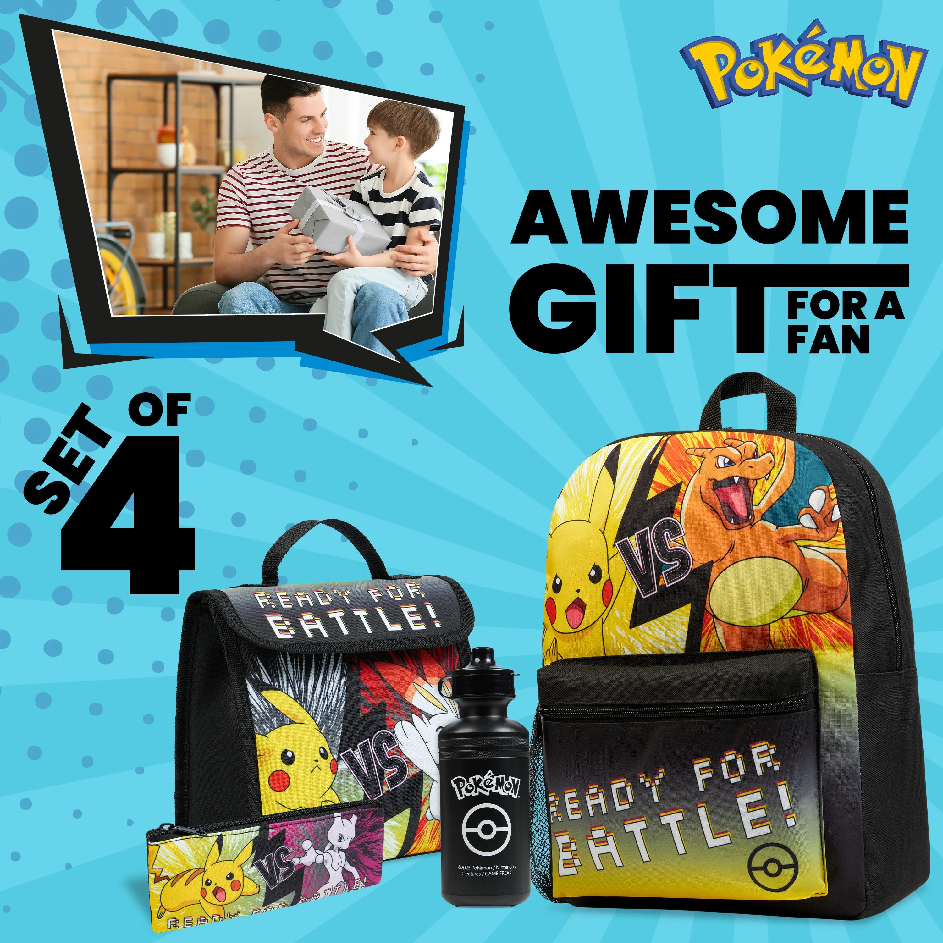 Pokemon Kids Backpack 4 Piece Set - Rucksack, Insulated Lunch Box, Kids Pencil Case BPA Free 500ml Water Bottle